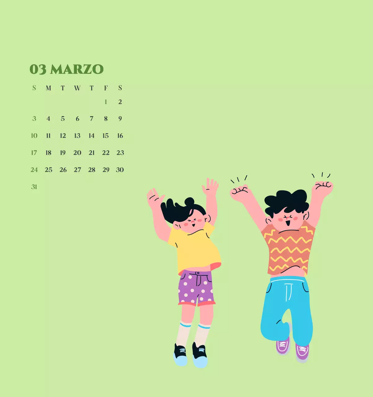 Calendario con illustrazioni giovanili su sfondo giallo e verde