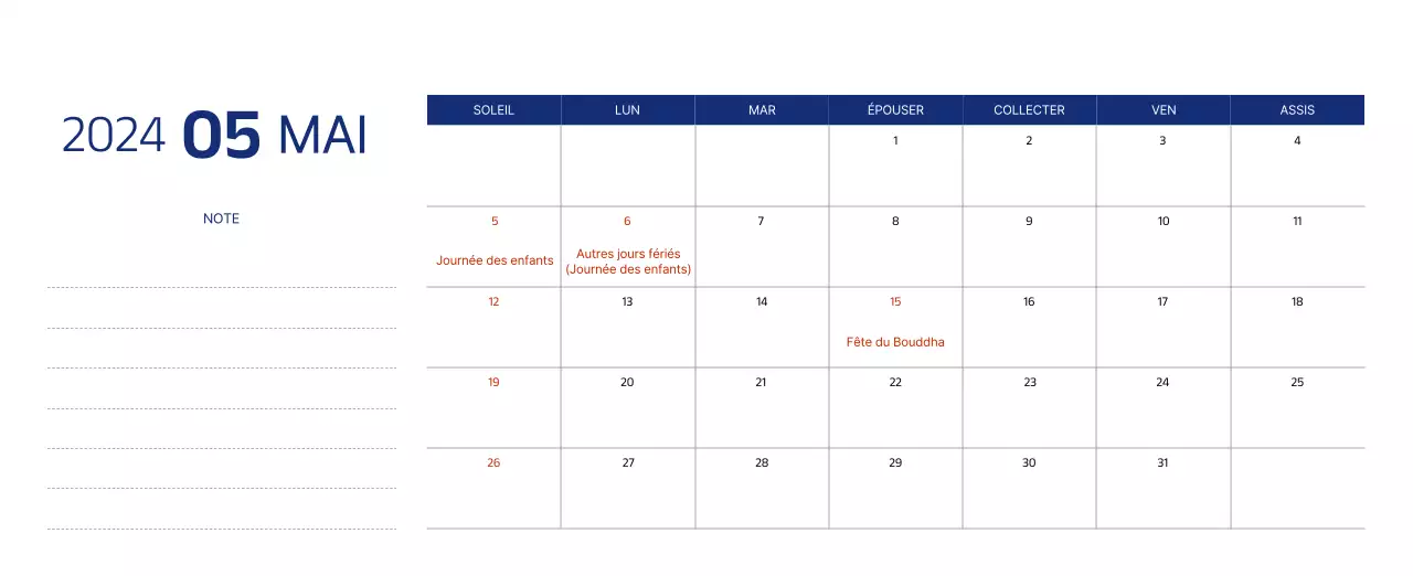 Calendrier simple avec des illustrations épurées en bleu