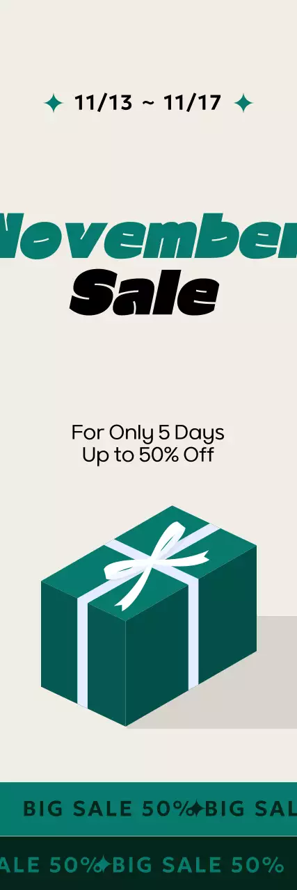 November promotion with a gift box graphic in a deep green color scheme