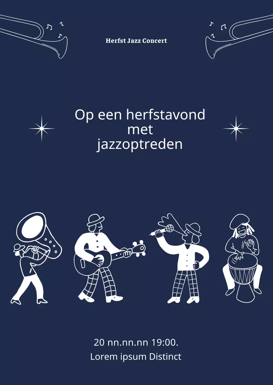 Poster van een jazzoptreden met illustraties van spelende en zingende mensen.