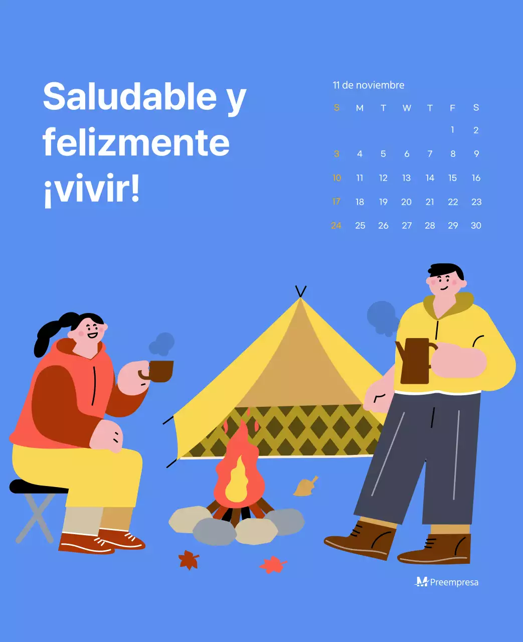 Calendario motivacional con ilustraciones llenas de energía y citas positivas sobre fondo azul claro