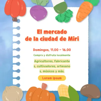 Promover un bonito mercado de agricultores en azul claro y naranja