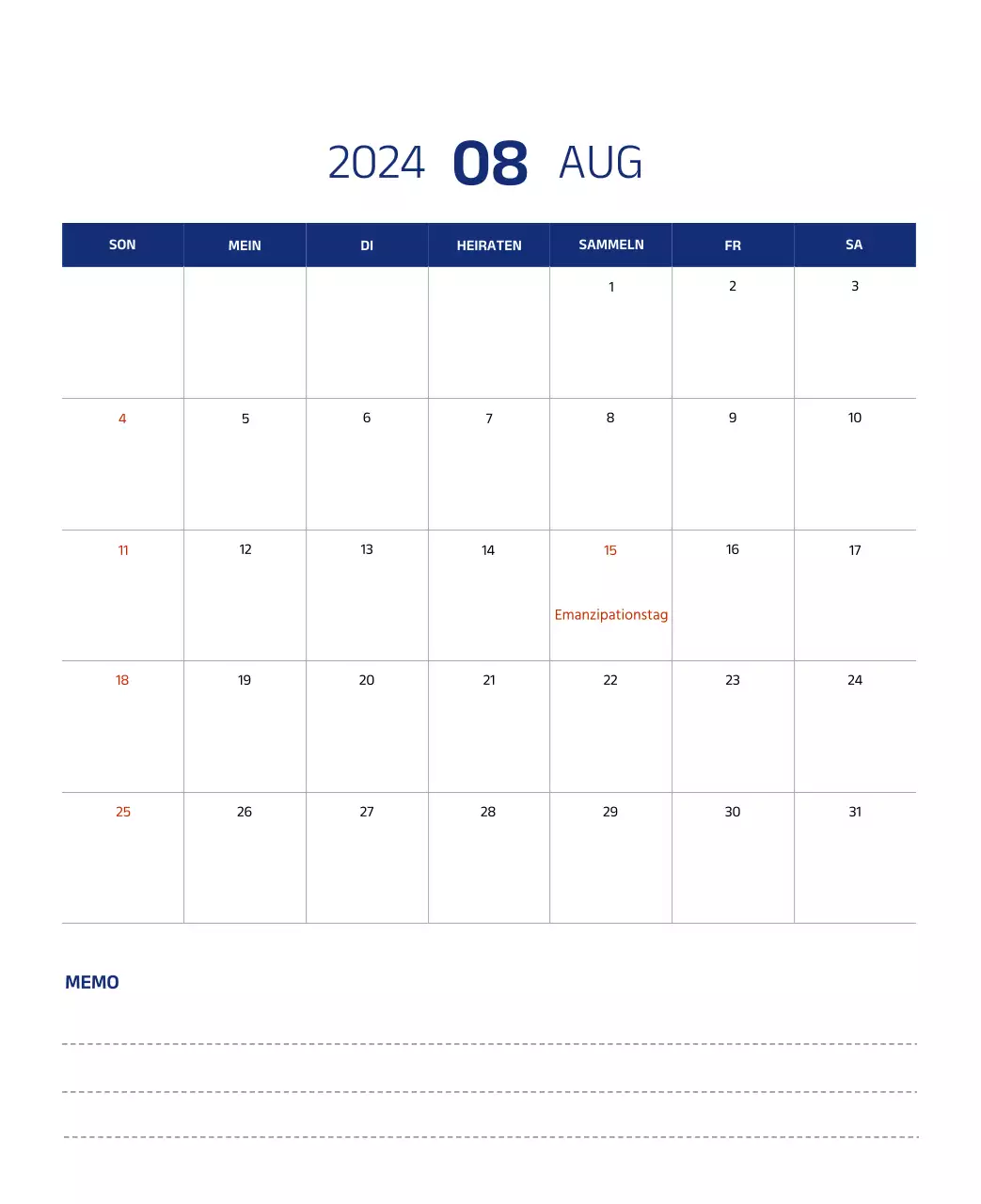 Einfacher Kalender mit klaren Illustrationen in Blau