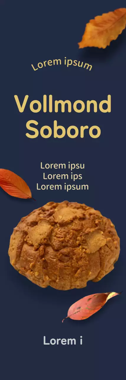 Werben Sie für eine herbstliche Bäckerei-Menü mit gefallenen Blättern Fotorealismus auf einem Marine-Hintergrund