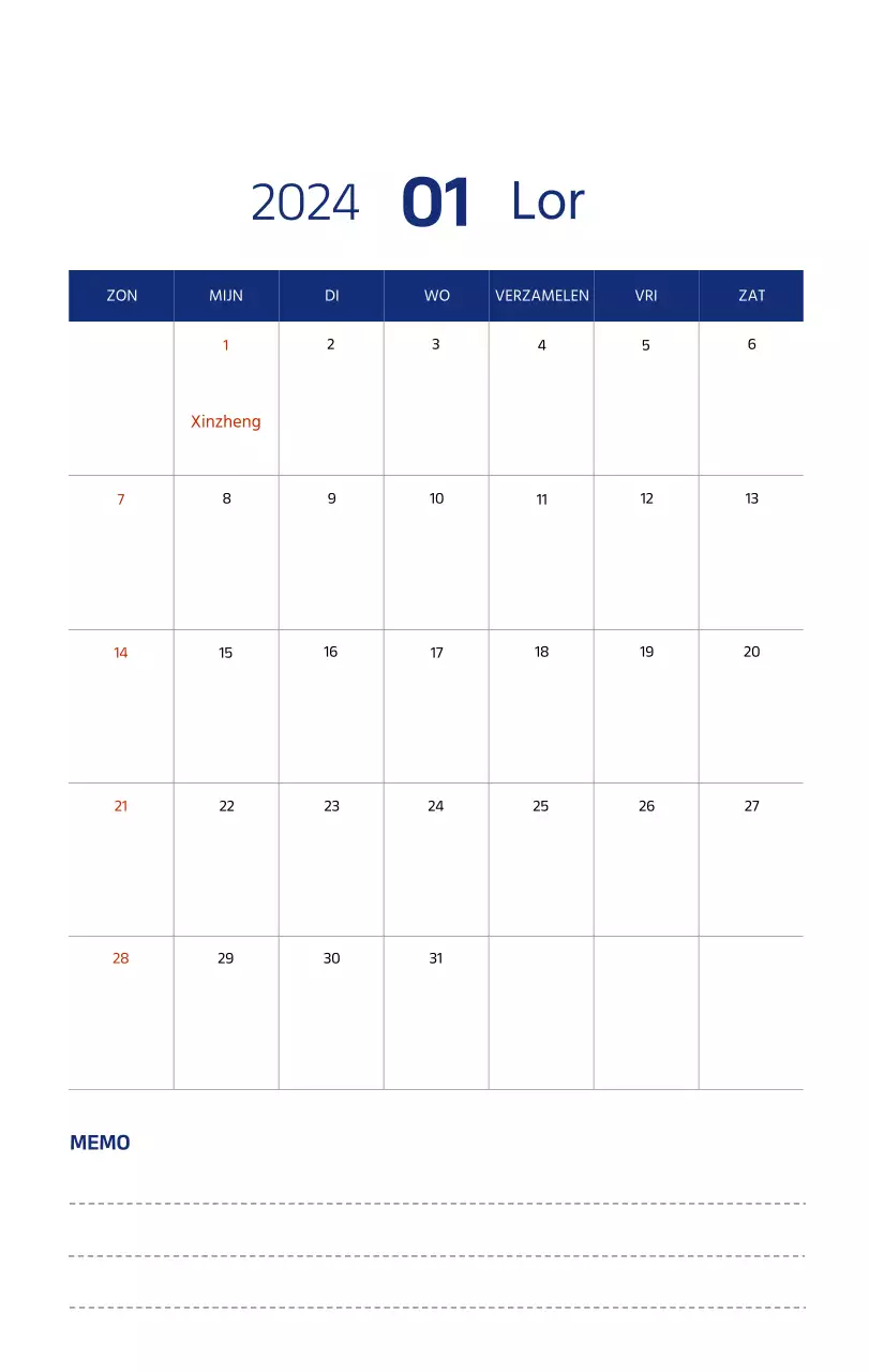 Eenvoudige kalender met strakke illustraties in blauw
