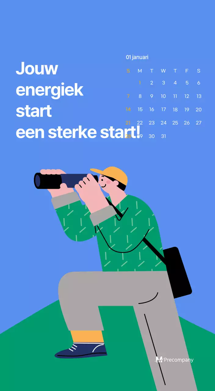 Motiverende kalender met energieke illustraties en positieve citaten op een lichtblauwe achtergrond