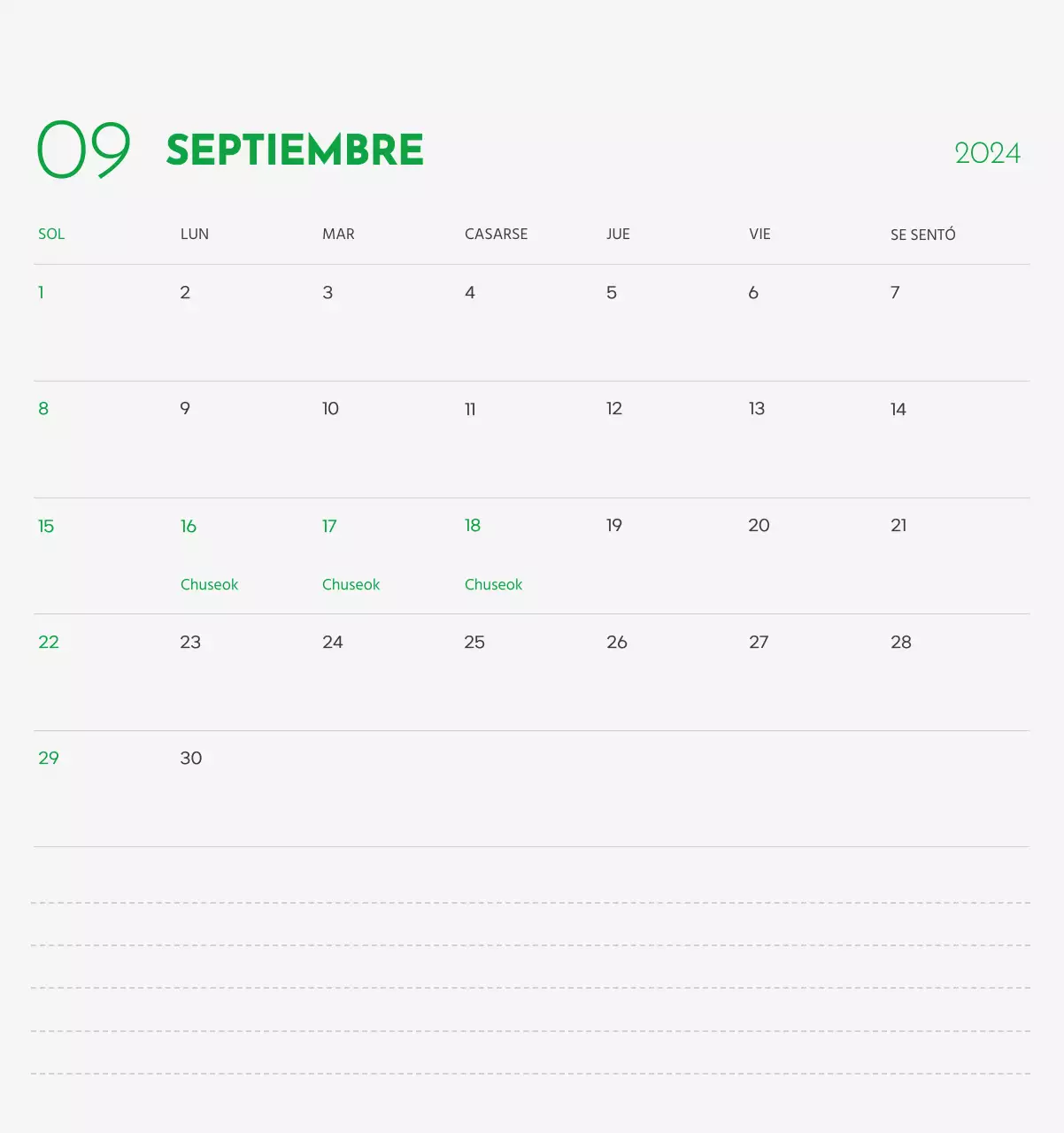 Un calendario con la imagen de un cachorro y un bonito mensaje en tonos verdes.