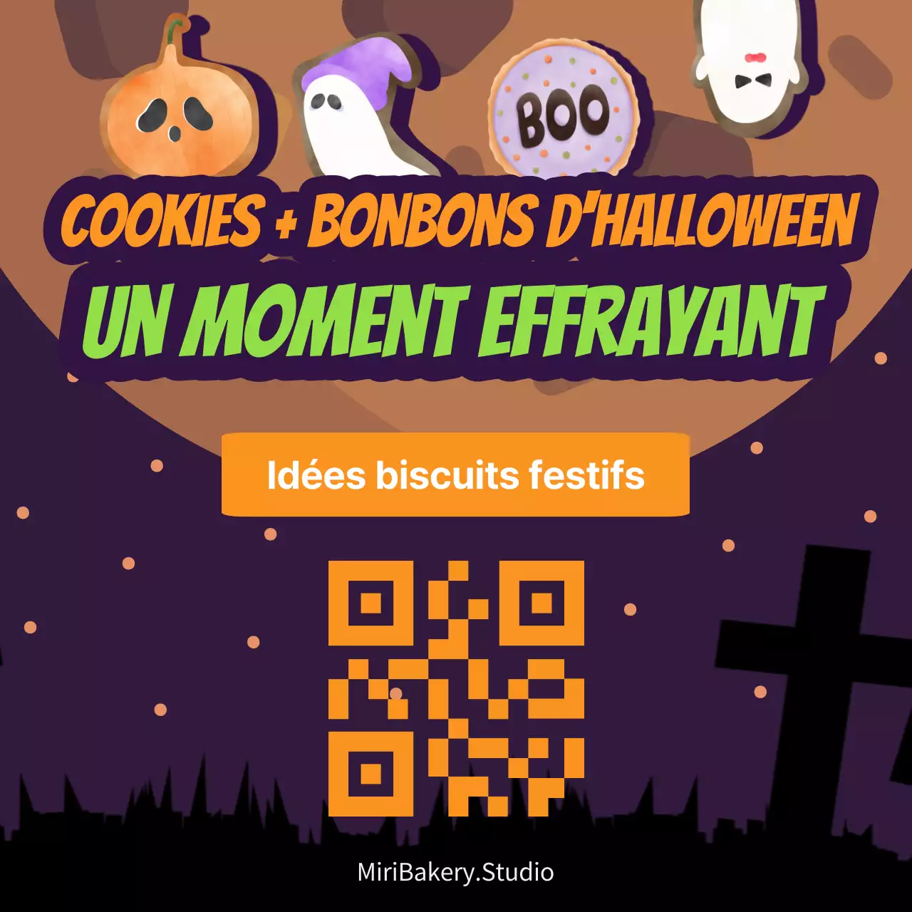 Fantastique publicité pour les biscuits d'Halloween en violet et orange