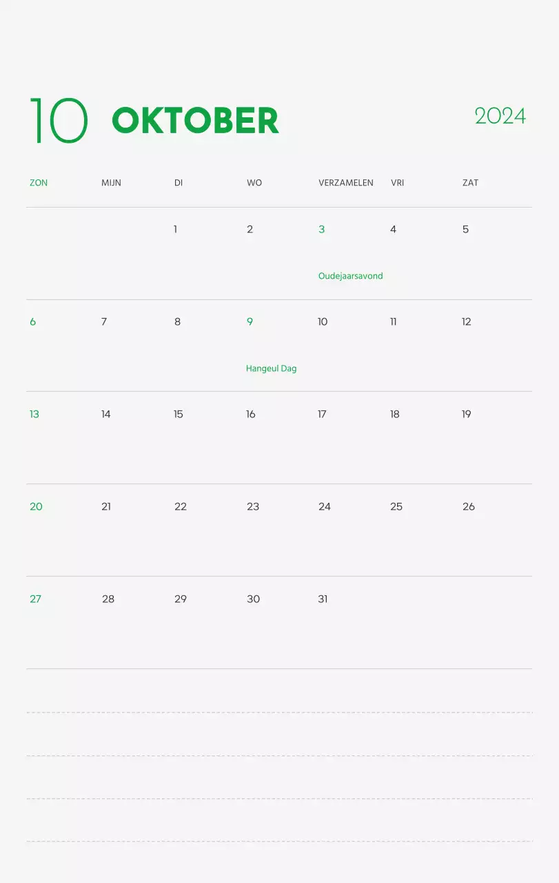 Een kalender met een afbeelding van een puppy en een schattige boodschap in groene accenten