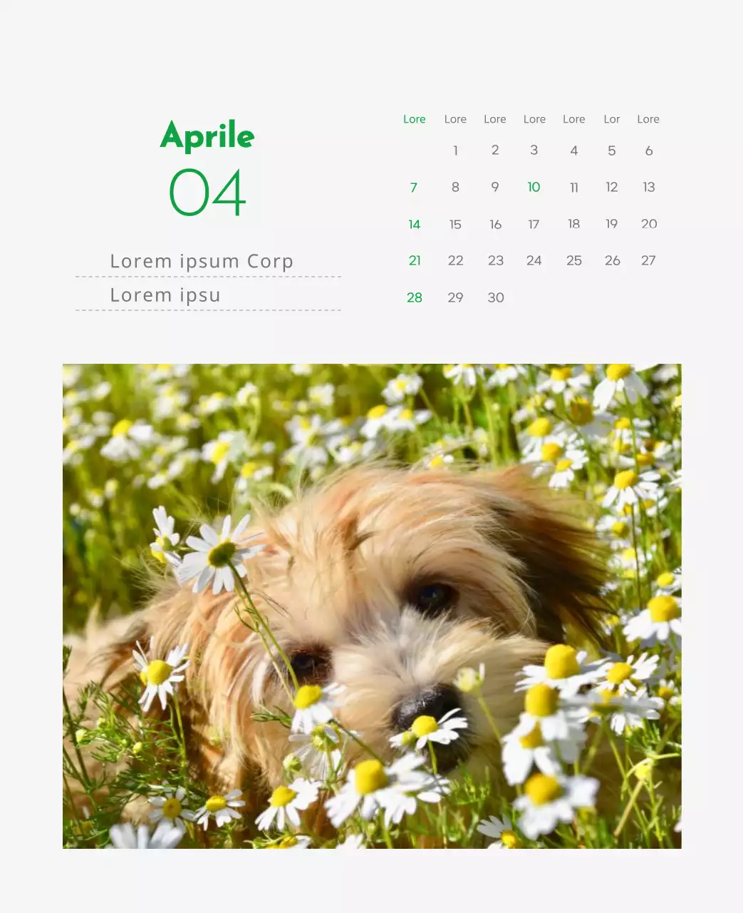 Un calendario con l'immagine di un cucciolo e un simpatico messaggio in verde.