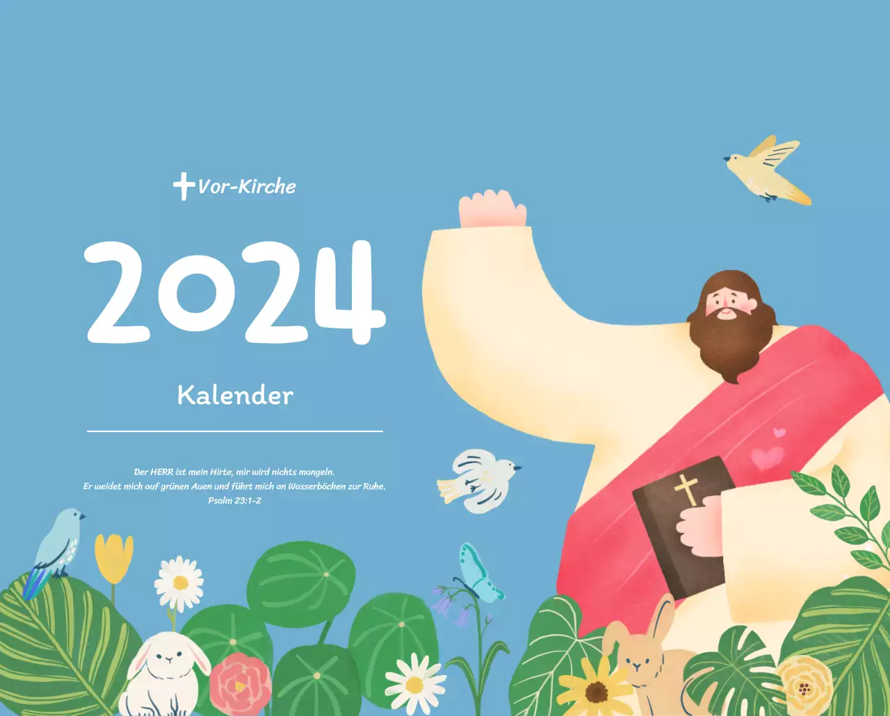 Ein Andachtskalender mit gemütlichen Illustrationen und Bibelversen auf hellblauem Hintergrund