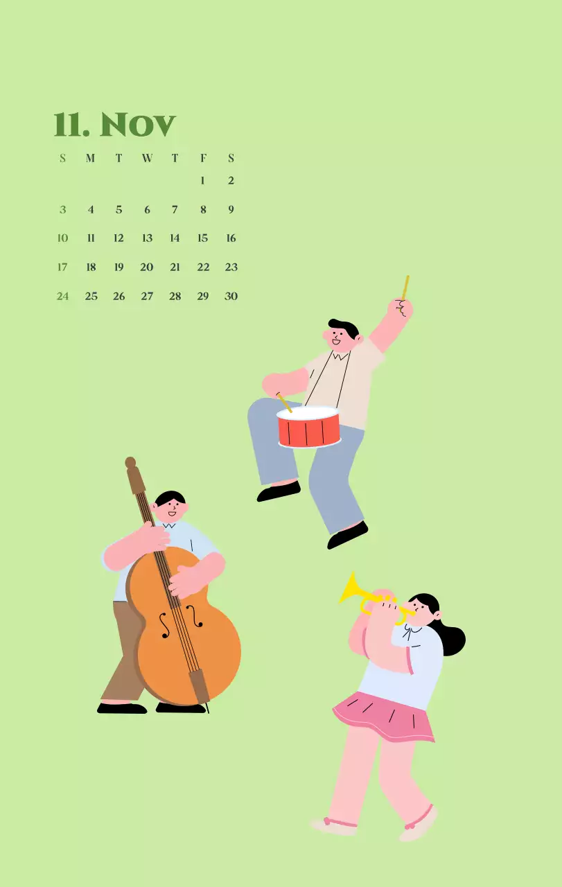 Kalender mit Jugendillustrationen auf gelbem und grünem Hintergrund