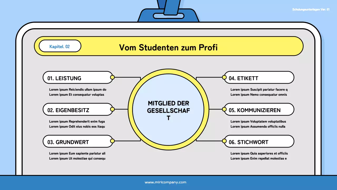Ein hübsches Trainingsdeck für neue Mitarbeiter in Hellblau und Schwarz