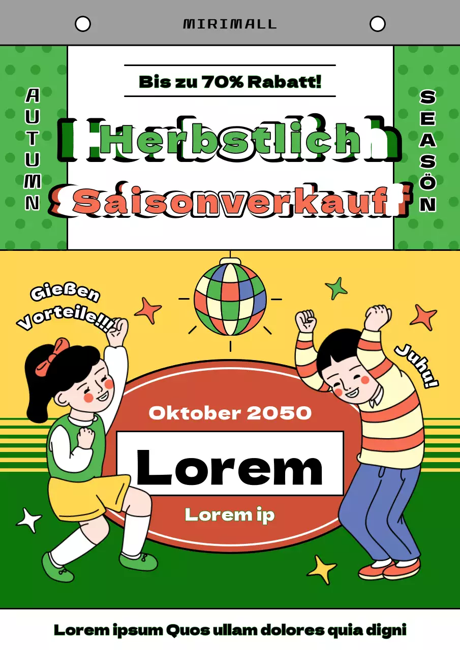 Retro-Herbstverkaufs-Kalenderanzeige in Gelb und Chartreuse