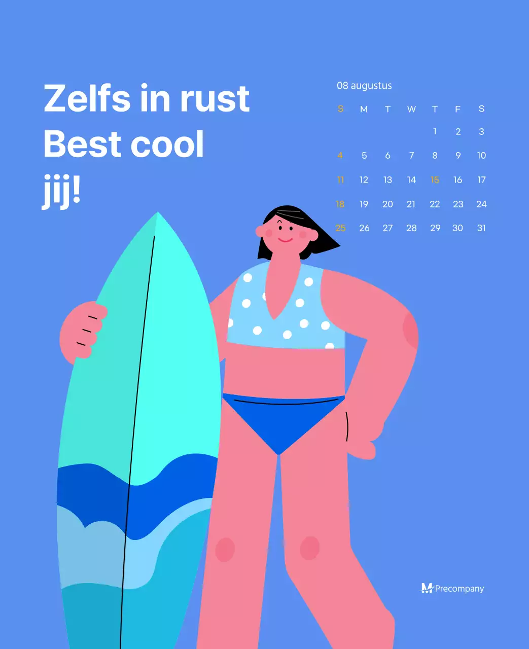 Motiverende kalender met energieke illustraties en positieve citaten op een lichtblauwe achtergrond