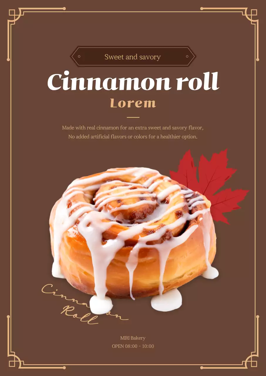 Promote a bakery with cinnamon rolls and falling leaves on a brown background