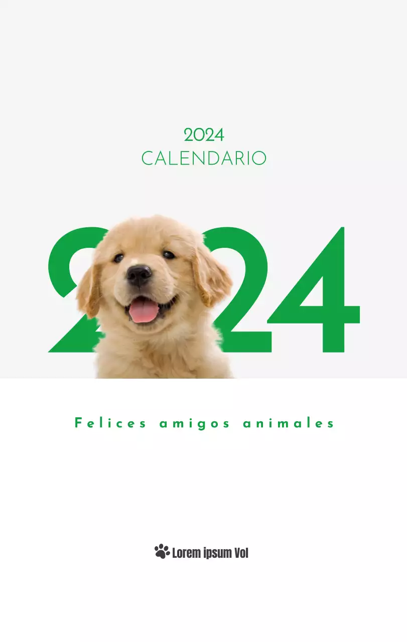 Un calendario con la imagen de un cachorro y un bonito mensaje en tonos verdes.