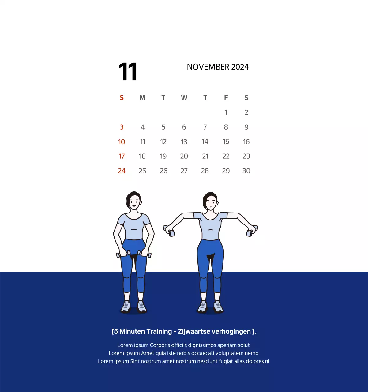Eenvoudige kalender met strakke illustraties in blauw