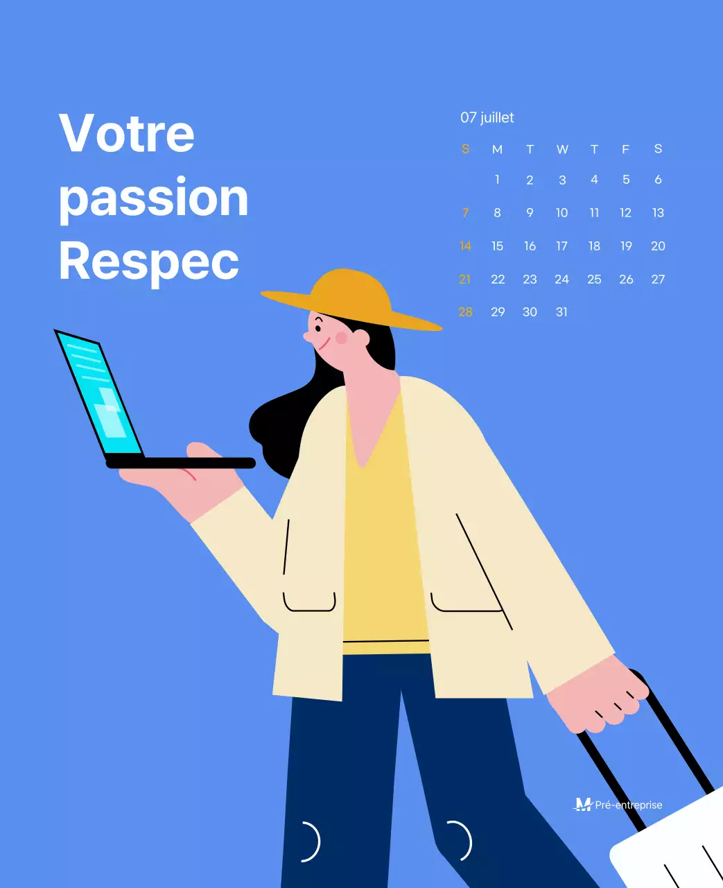 Calendrier de motivation avec des illustrations énergiques et des citations positives sur un fond bleu clair