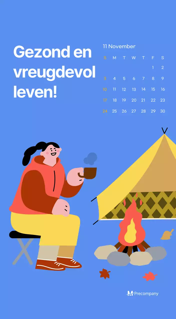 Motiverende kalender met energieke illustraties en positieve citaten op een lichtblauwe achtergrond