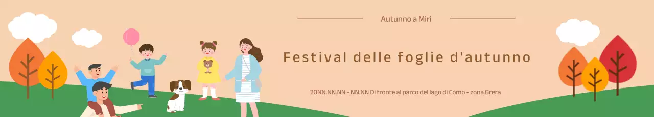 Striscione del Festival delle Foglie d'Autunno con illustrazione di una famiglia che si diverte in giardino