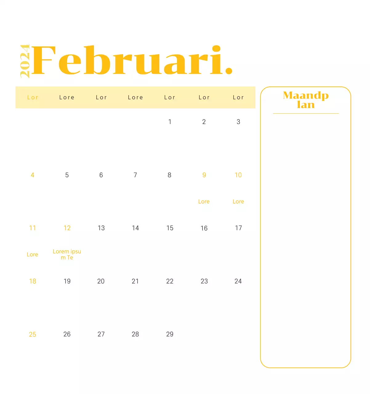 Kalender met jeugdillustraties op een gele en groene achtergrond