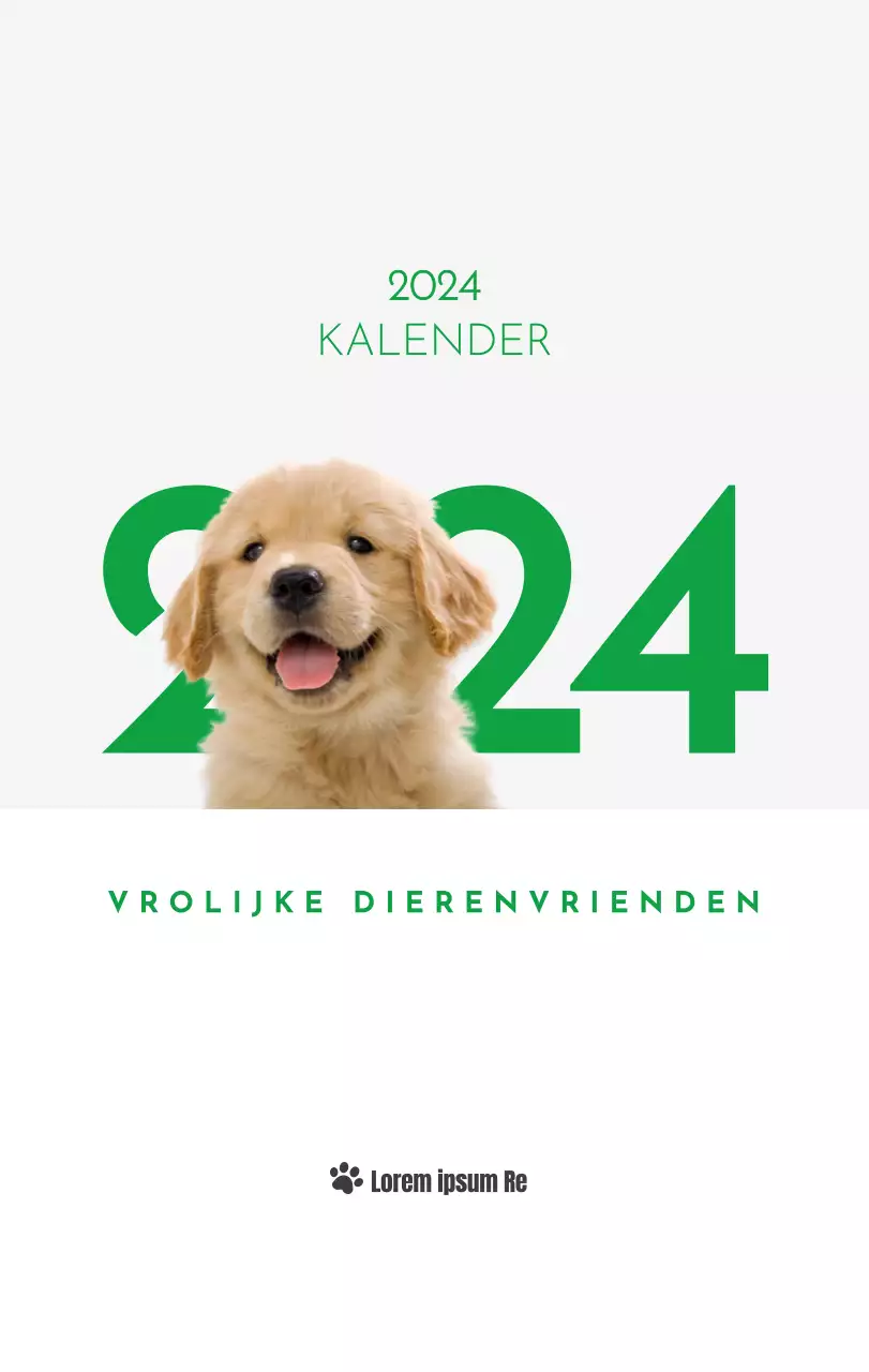 Een kalender met een afbeelding van een puppy en een schattige boodschap in groene accenten