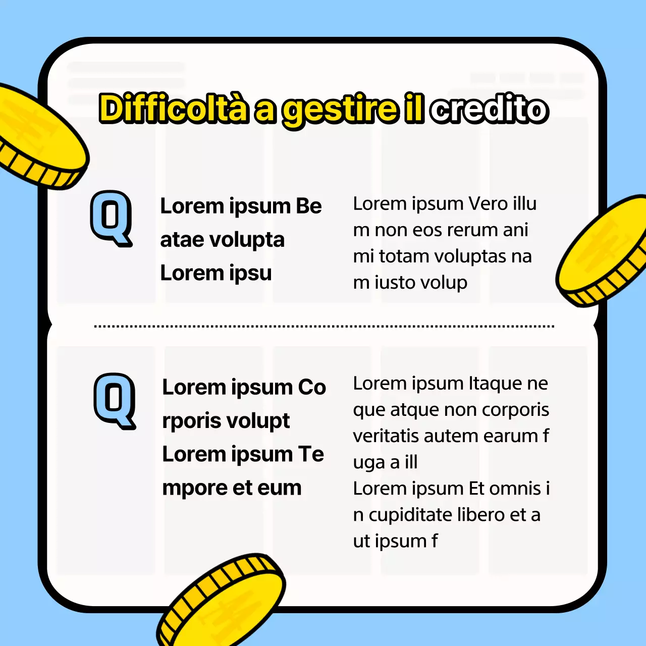 Materiale di formazione per la gestione del credito con sfondo azzurro, dal sapore kitsch
