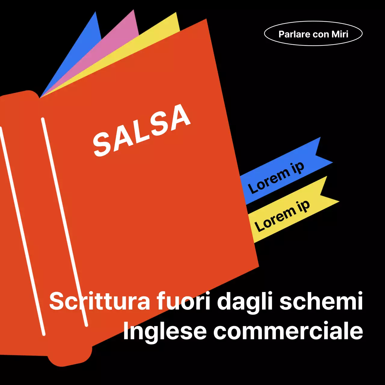 Una pubblicità arancione e blu per una scuola di conversazione rivolta a professionisti moderni.