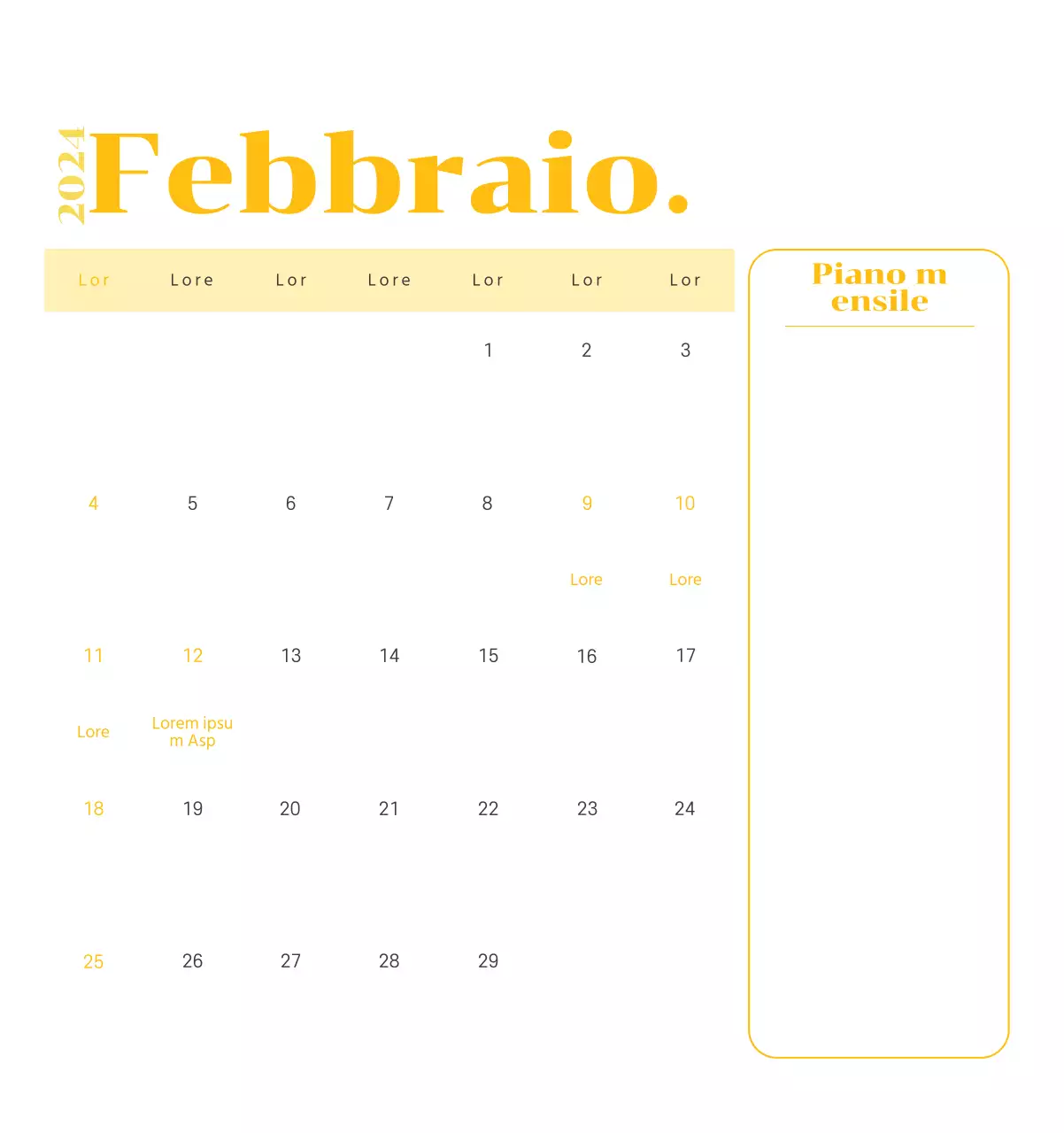 Calendario con illustrazioni giovanili su sfondo giallo e verde