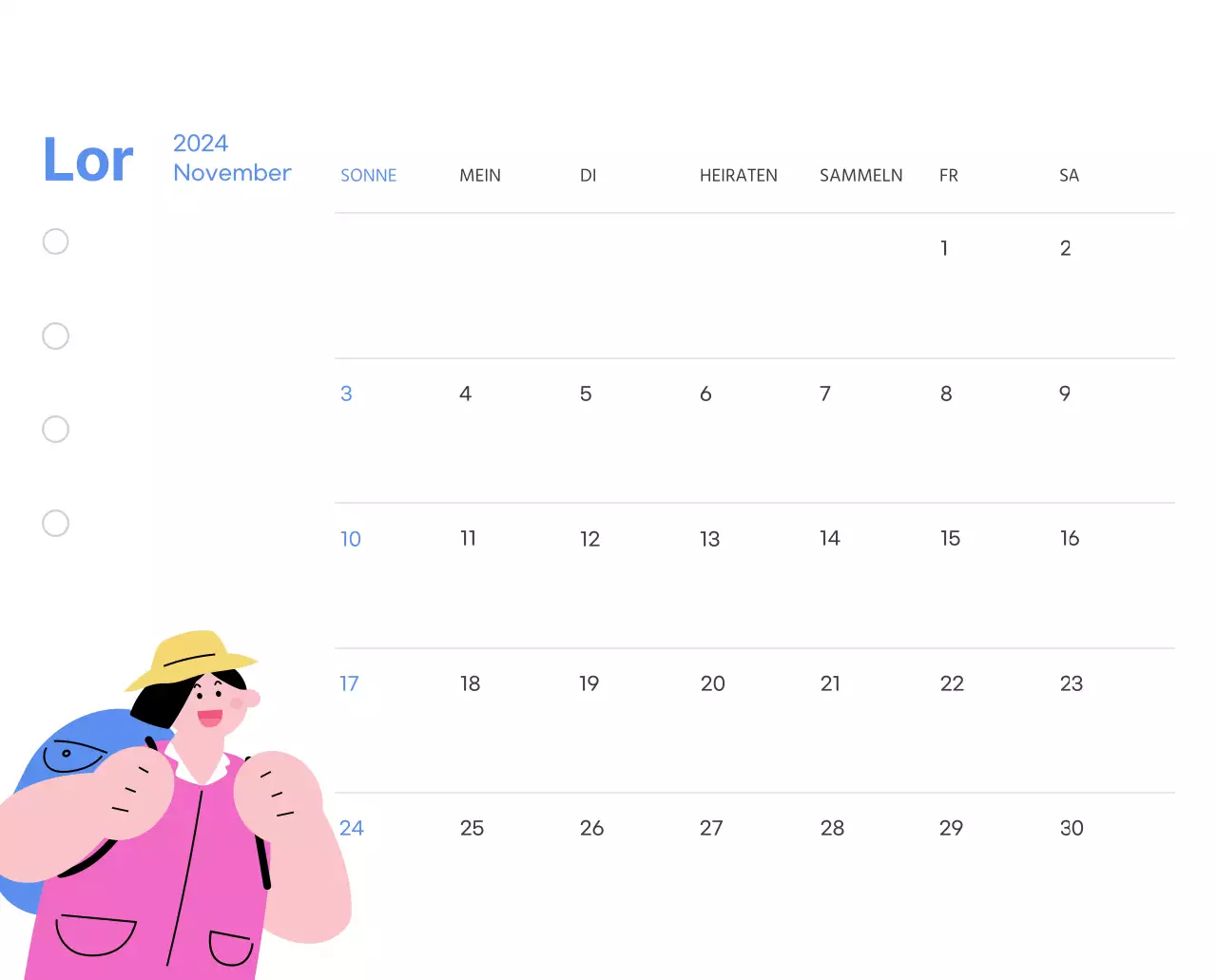 Motivationskalender mit energiegeladenen Illustrationen und positiven Zitaten auf hellblauem Hintergrund