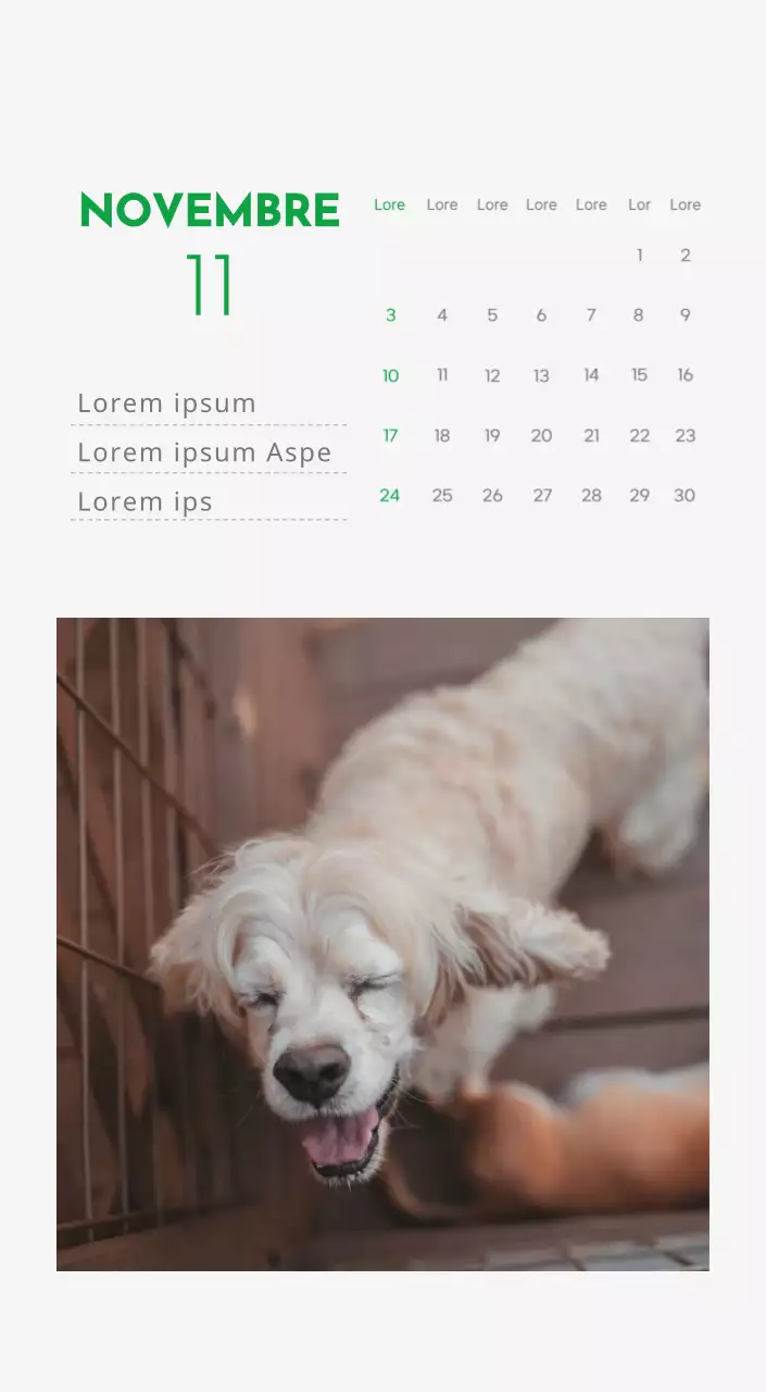 Un calendrier avec la photo d'un chiot et un message mignon aux accents verts.