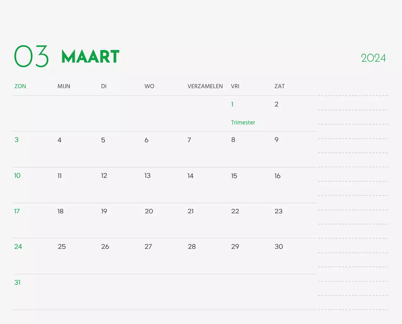 Een kalender met een afbeelding van een puppy en een schattige boodschap in groene accenten