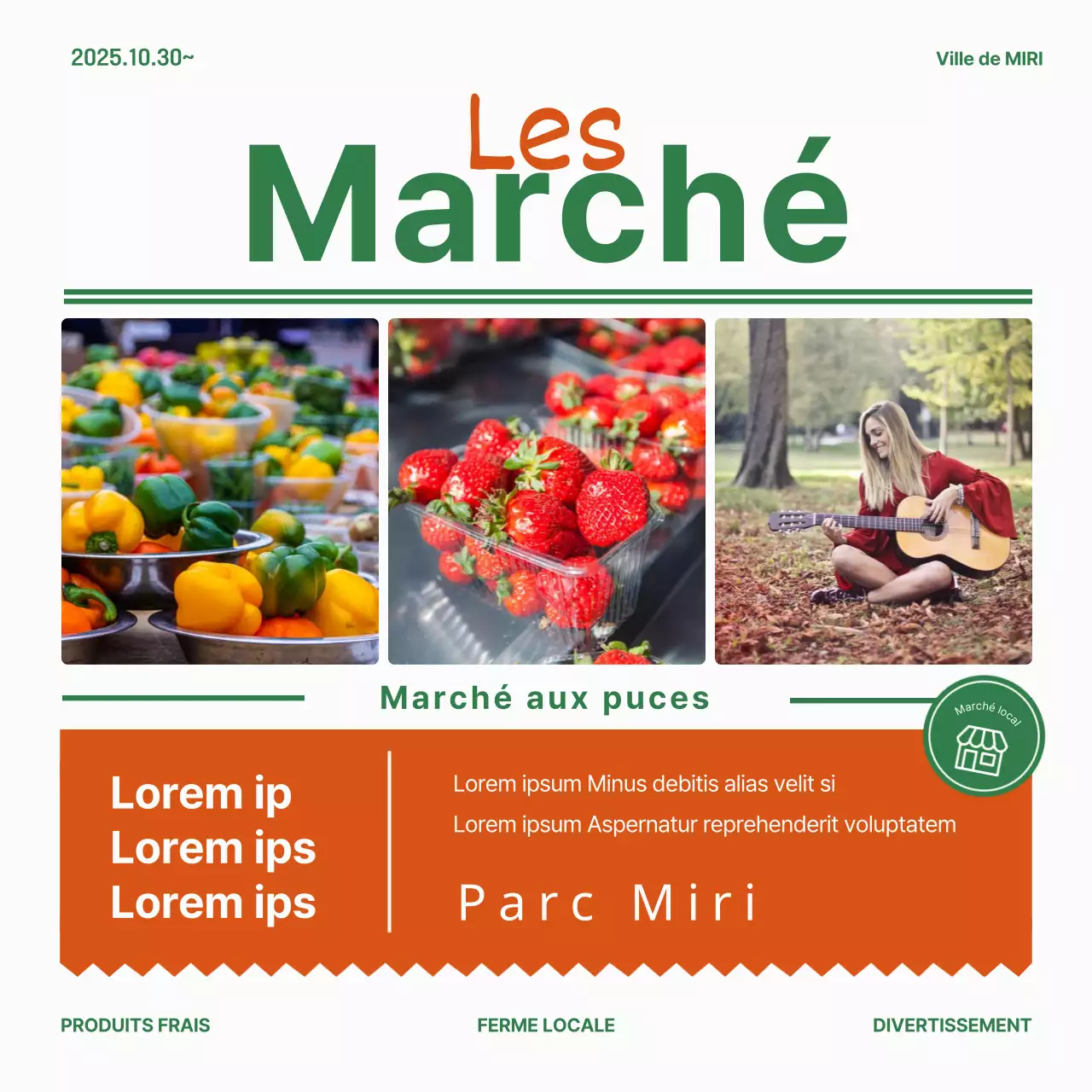 Un simple dépliant vert et rouge de type journal pour promouvoir votre marché aux puces