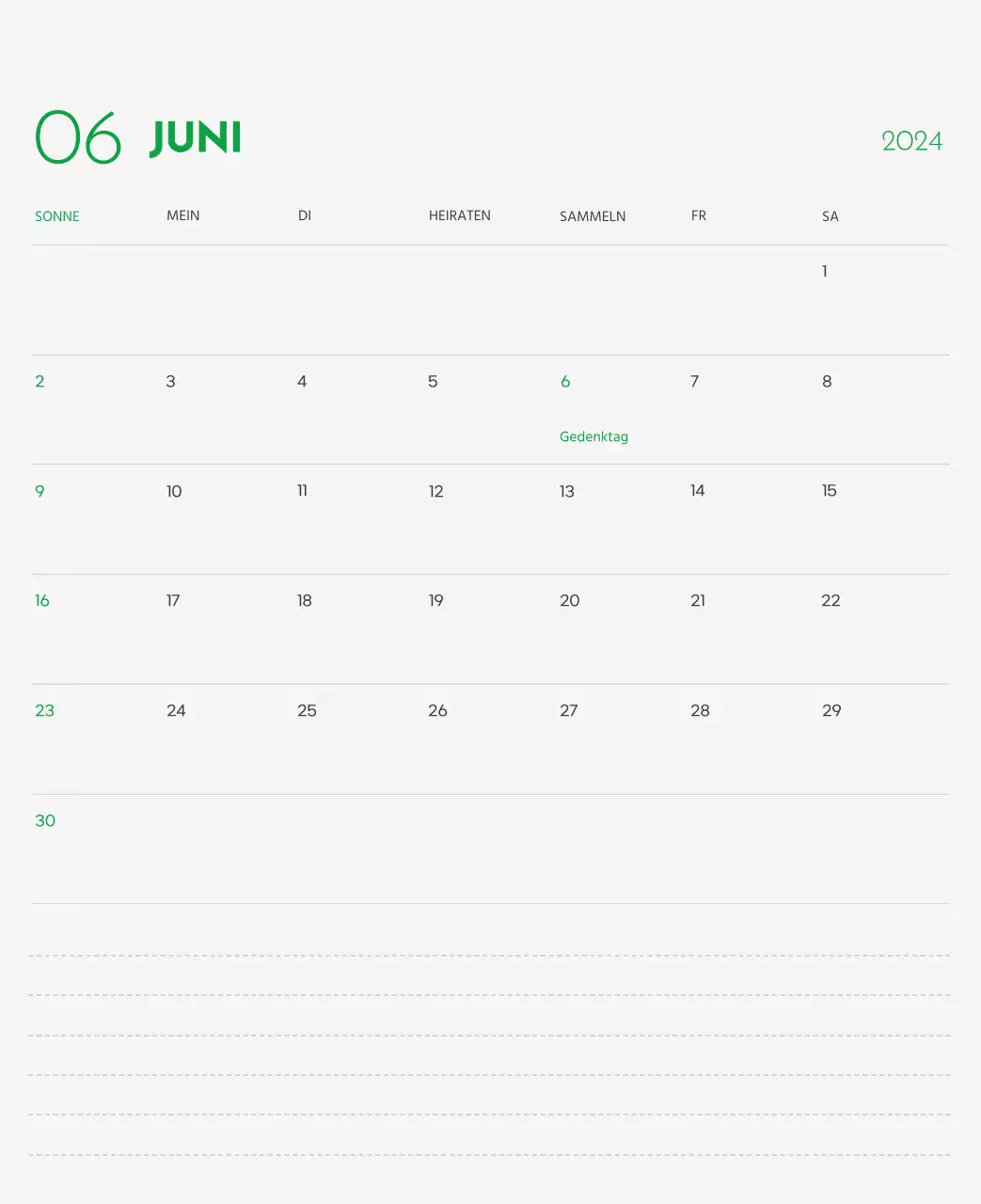 Ein Kalender mit einem Bild eines Welpen und einer niedlichen Botschaft in grünen Akzenten