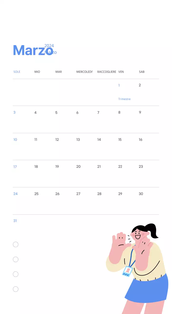 Calendario motivazionale con illustrazioni energetiche e citazioni positive su sfondo azzurro