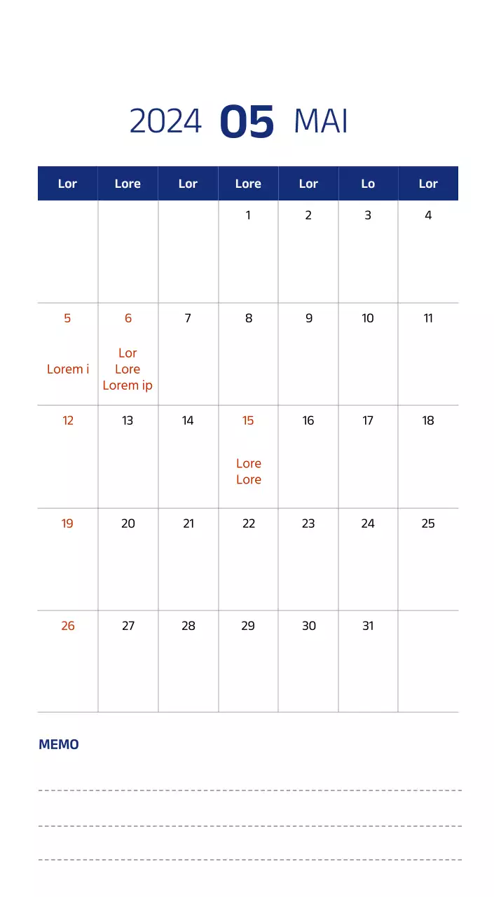 Einfacher Kalender mit klaren Illustrationen in Blau