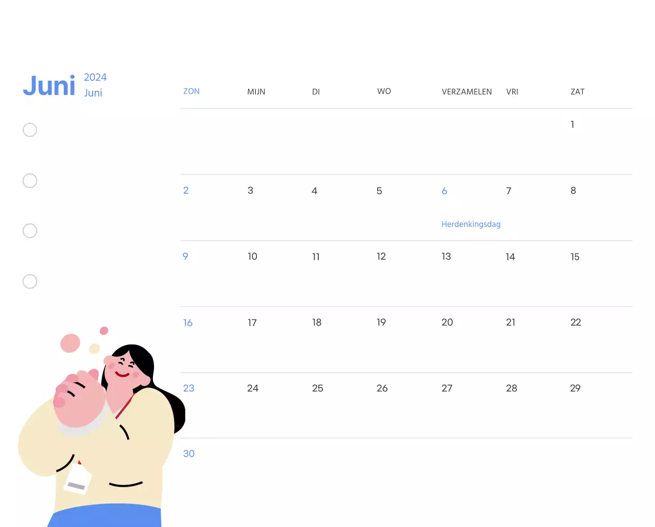 Motiverende kalender met energieke illustraties en positieve citaten op een lichtblauwe achtergrond