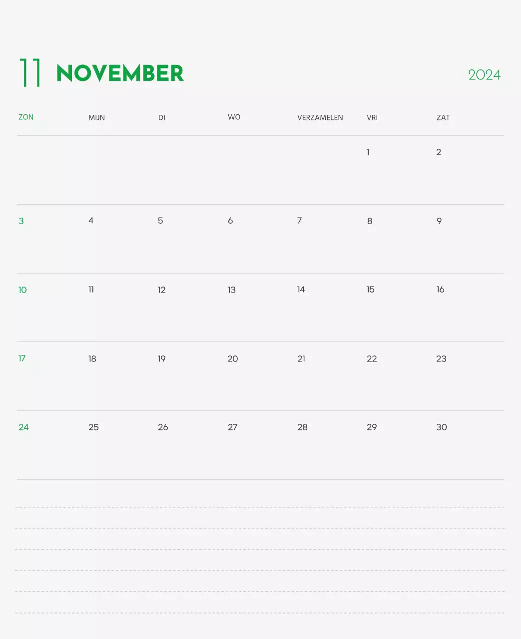 Een kalender met een afbeelding van een puppy en een schattige boodschap in groene accenten