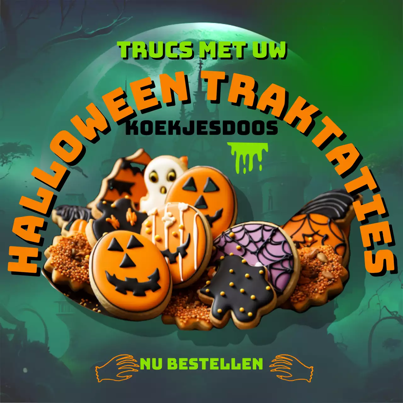 SF Halloween koekjesadvertentie in groen en oranje