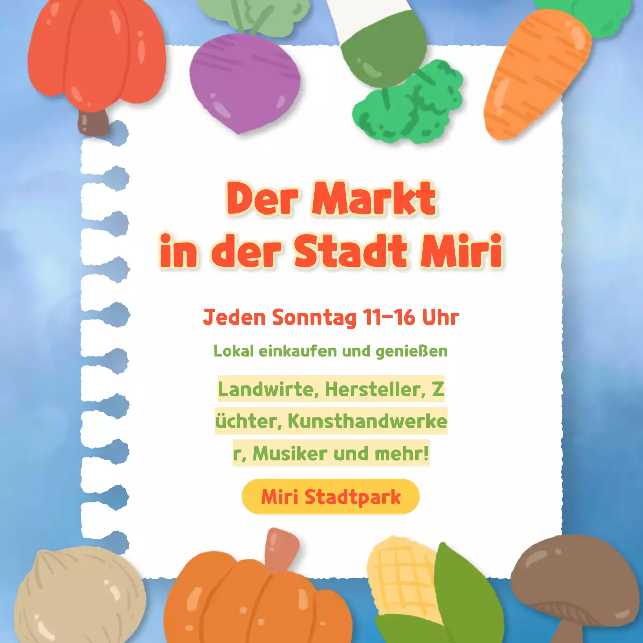 Werbung für einen hübschen Bauernmarkt in Hellblau und Orange