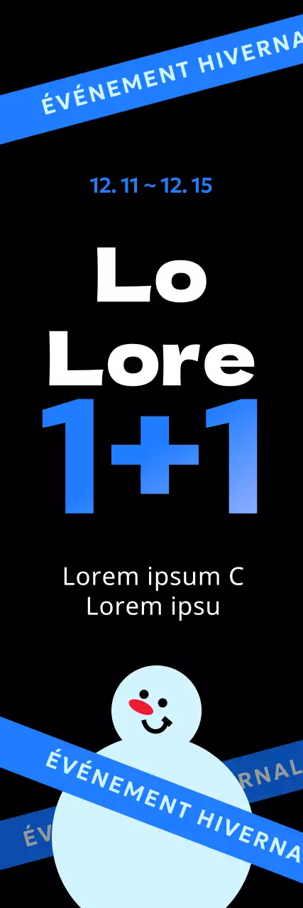 Promotion hivernale mise en évidence avec un bonhomme de neige aux accents bleus sur fond noir.