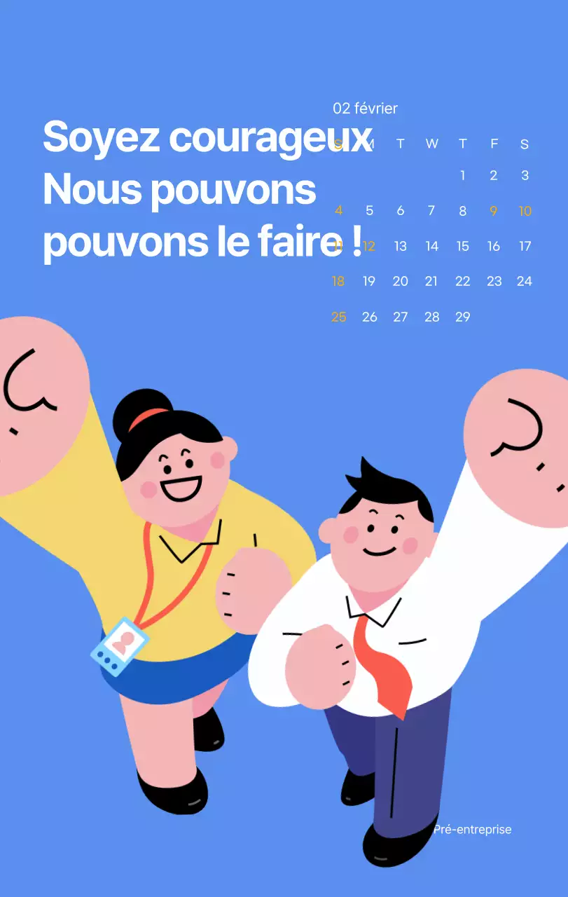 Calendrier de motivation avec des illustrations énergiques et des citations positives sur un fond bleu clair