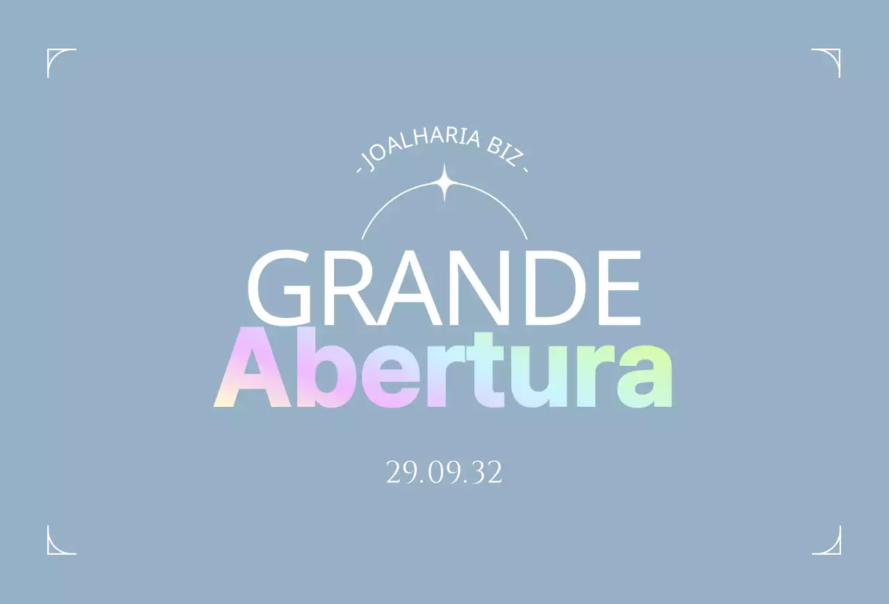 Um postal que promove a grande abertura de uma joalharia em tons de azul claro