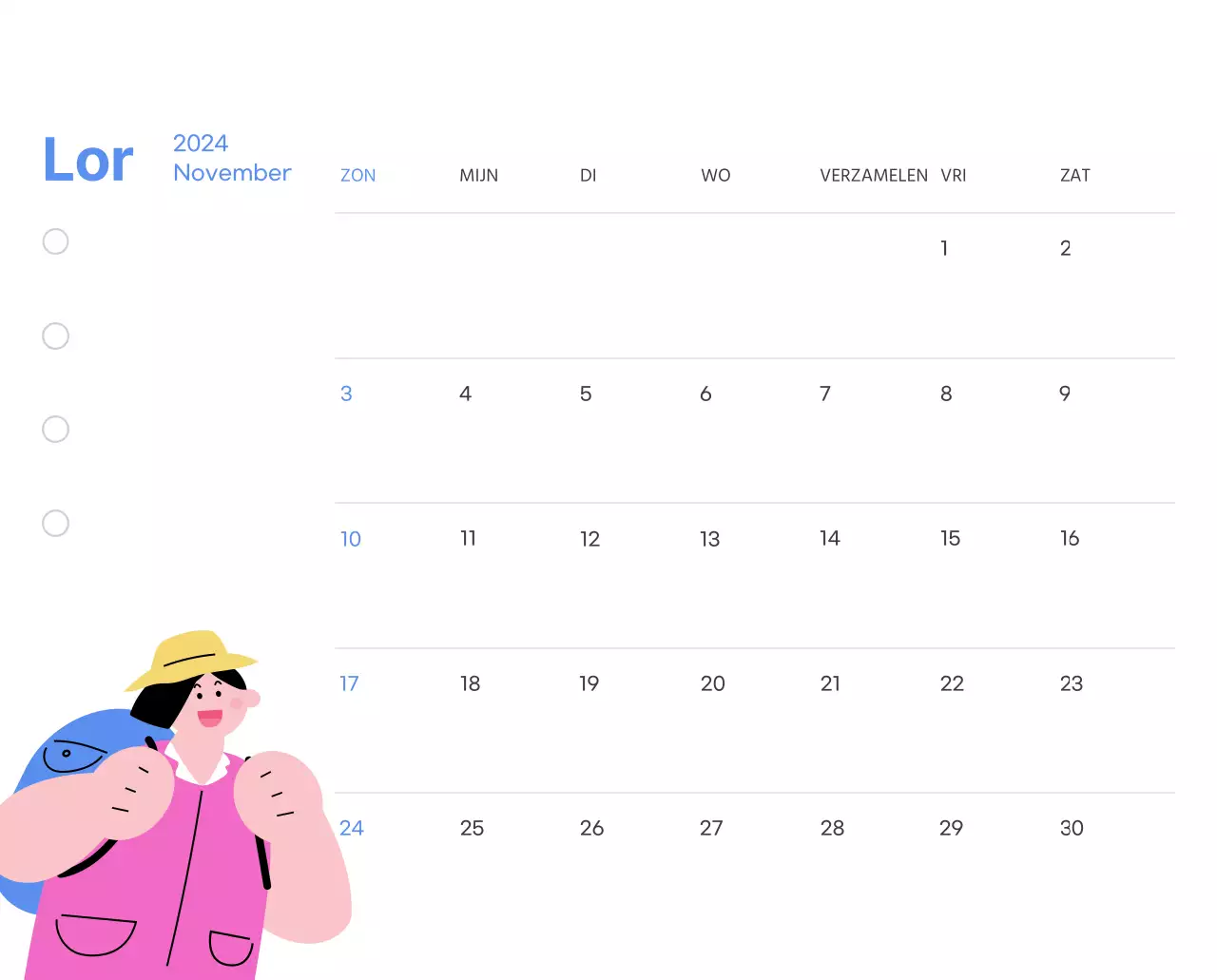 Motiverende kalender met energieke illustraties en positieve citaten op een lichtblauwe achtergrond