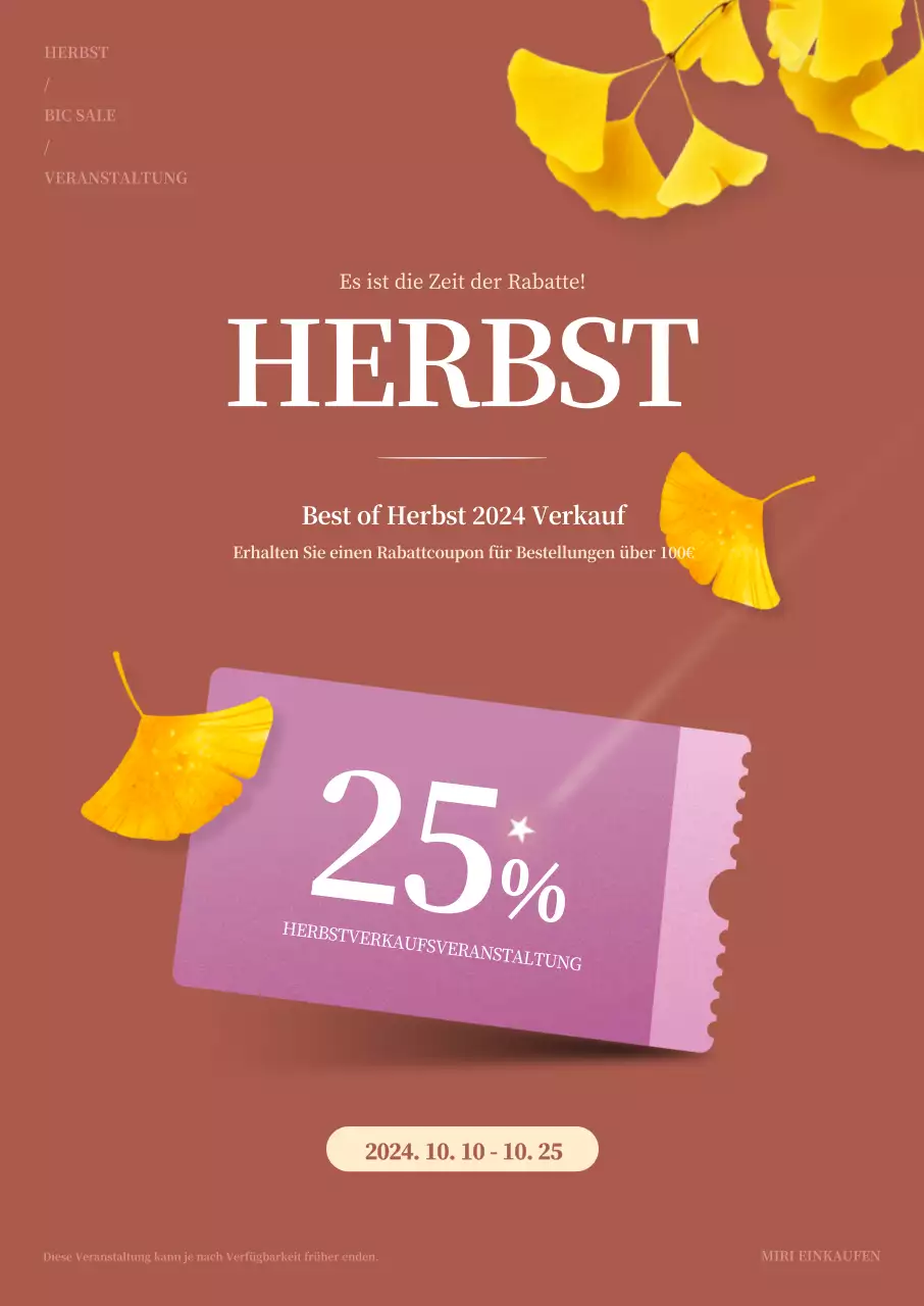 Herbstverkaufsveranstaltung mit Ginkgoblättern auf hellbraunem Hintergrund