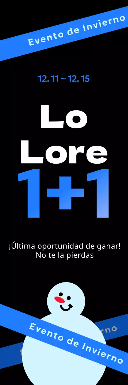 Promoción de invierno destacada con un gráfico de muñeco de nieve de "compre uno y llévese otro gratis" con detalles azules sobre fondo negro.