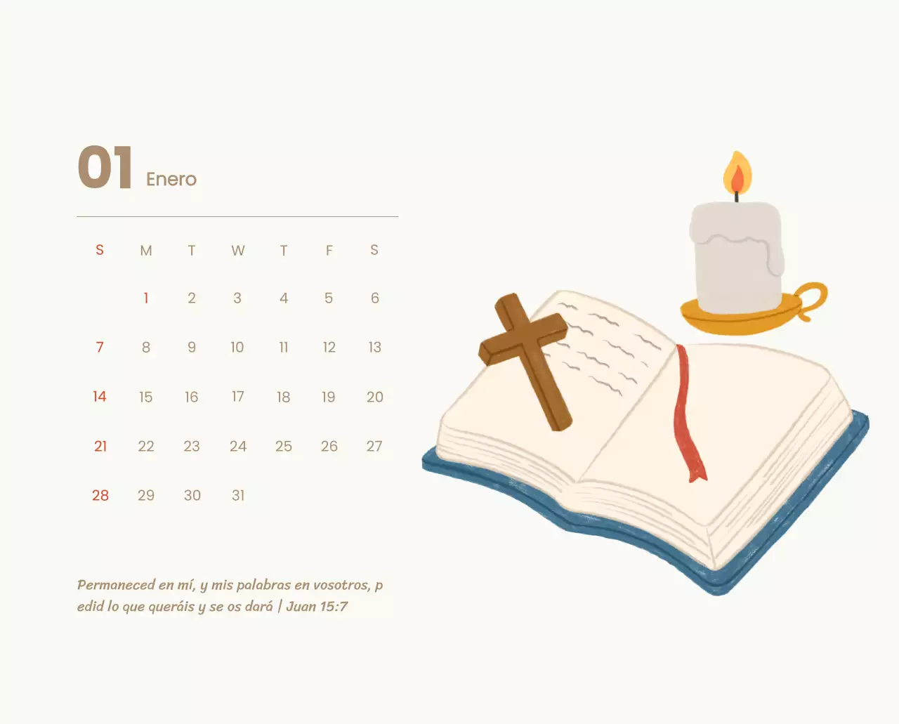 Un calendario devocional con acogedoras ilustraciones y versículos bíblicos sobre fondo azul claro