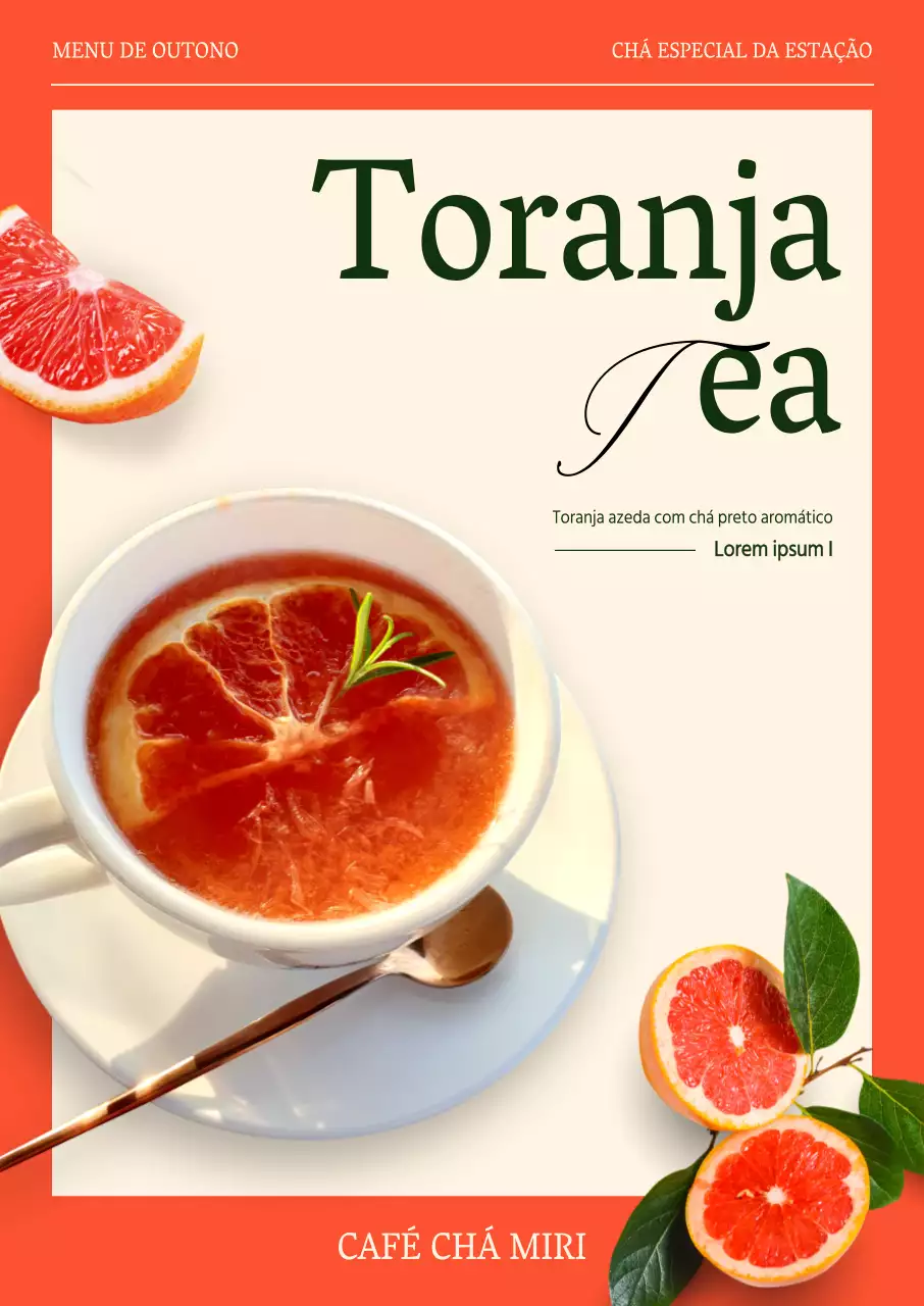 Ementa do Cafe TEA com uma disposição emocional e simples, cor de destaque laranja e imagem de toranja em ação