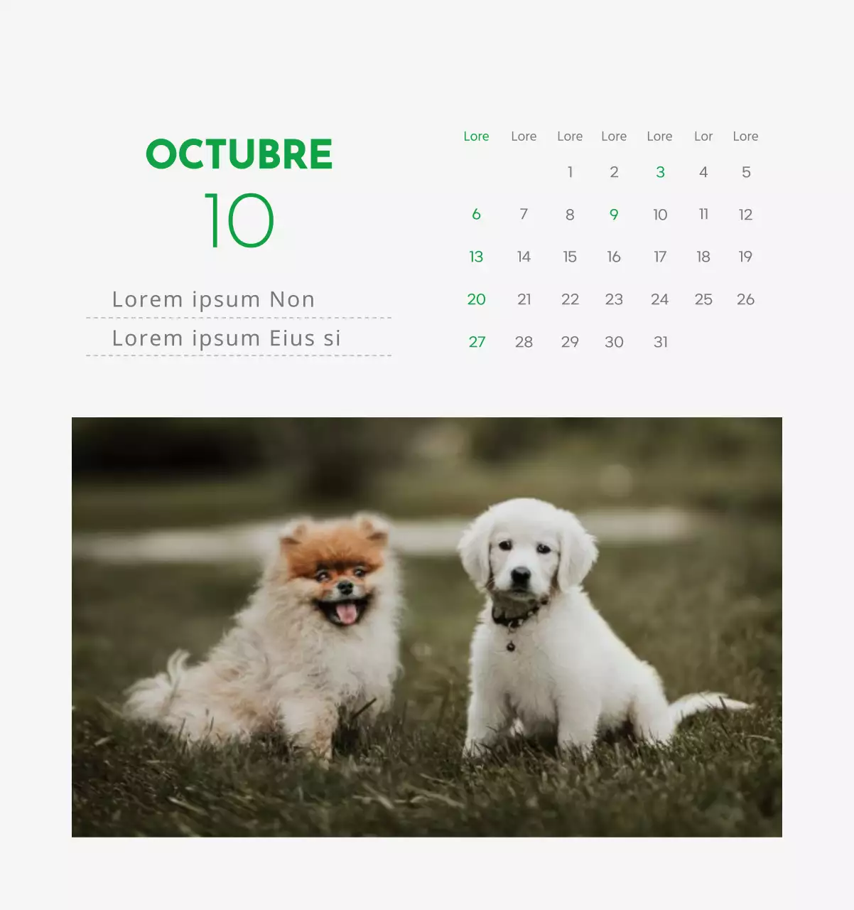 Un calendario con la imagen de un cachorro y un bonito mensaje en tonos verdes.